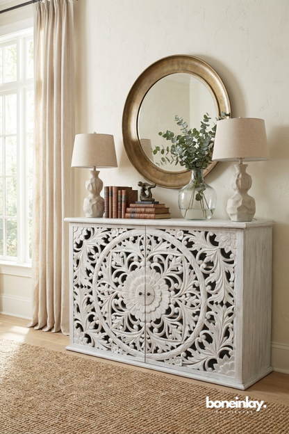 Whitewashed carved wood sideboard with a large mandala flower design.
Intricate floral and vine carving spans both cabinet doors.
Compact silhouette suits use as an entryway or dining sideboard.
Styled beneath a round brass-framed mirror and matching table lamps.