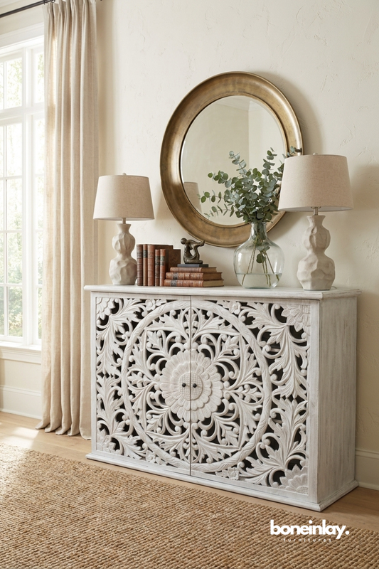 Whitewashed carved wood sideboard with a large mandala flower design.
Intricate floral and vine carving spans both cabinet doors.
Compact silhouette suits use as an entryway or dining sideboard.
Styled beneath a round brass-framed mirror and matching table lamps.