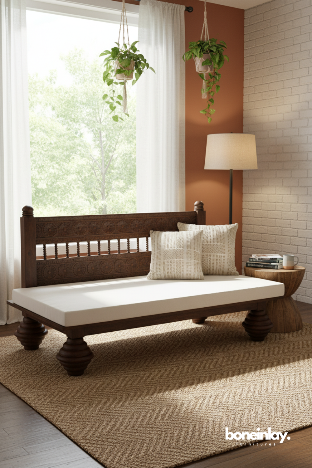 Handcrafted Traditional Wooden Bench with Cushioned Seat