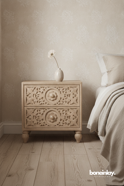 Hand Carved Floral Two Drawer Bedside Table in Natural Wood Finish
