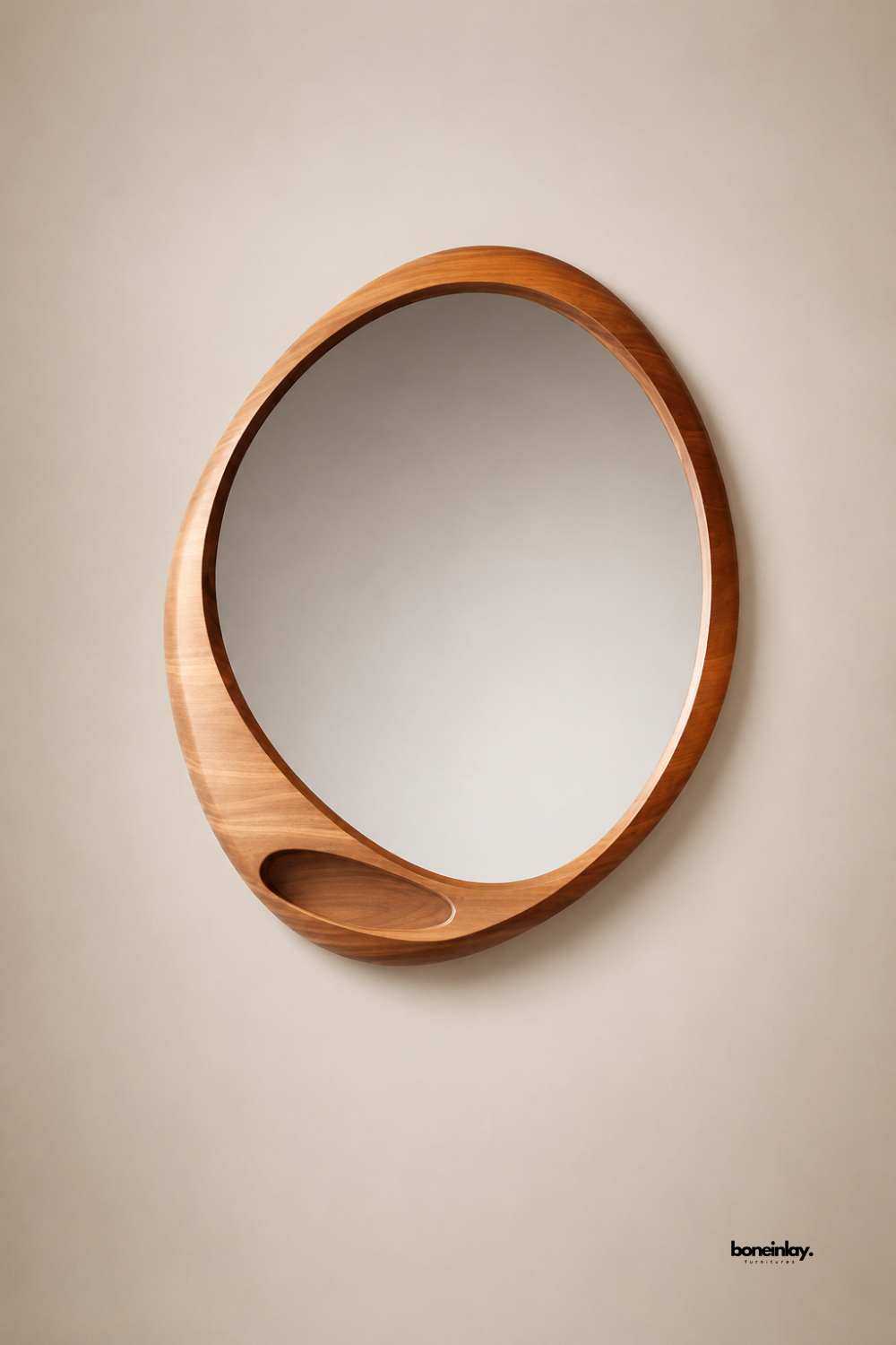Artisan-crafted asymmetrical wooden frame mirror showcasing fluid natural curves and an integrated carved shelf notch for small accessories. Displayed on a neutral studio backdrop, this versatile solid wood wall mirror serves as a statement art piece and functional vanity accent for modern homes.
