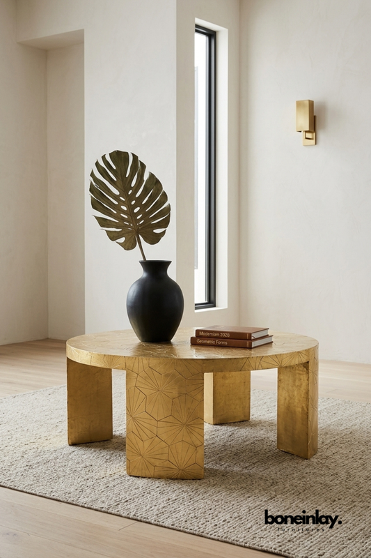 Gold leaf coffee table featuring hand-etched geometric star patterns across the tabletop and block legs. Rich brass-toned finish and angular silhouette create a bold sculptural centerpiece. Styled with a matte black vase, monstera leaf, and stacked books on a woven jute rug. A striking statement coffee table for modern and glam living room interiors.