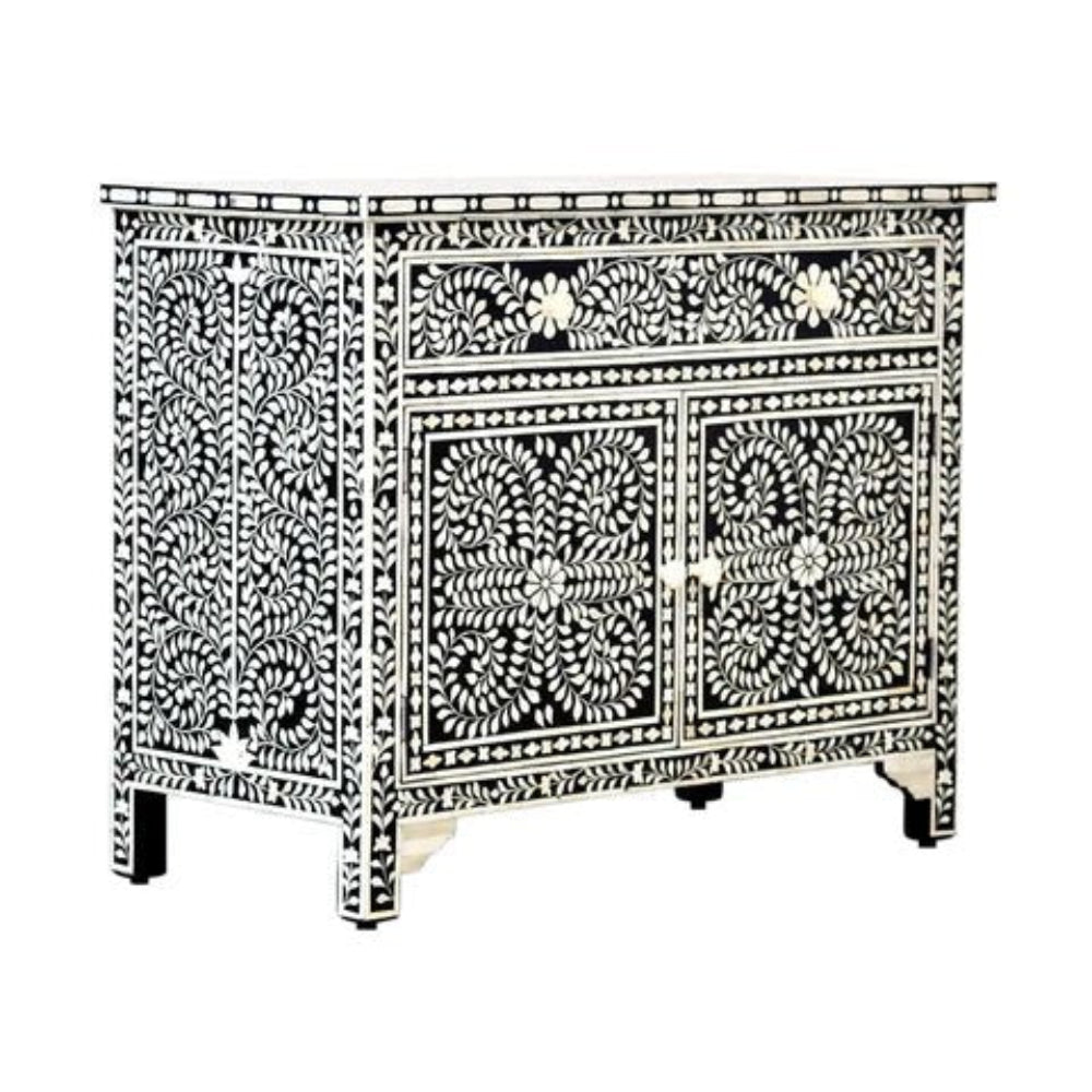 Handcrafted black white bone inlay small cabinet with spiral leaf motif, one drawer two doors, Indian artisan furniture