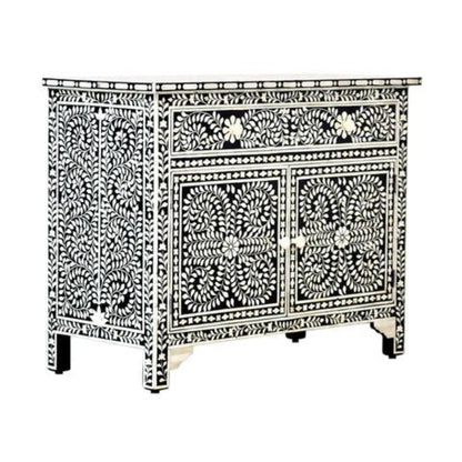 Handcrafted black white bone inlay small cabinet with spiral leaf motif, one drawer two doors, Indian artisan furniture