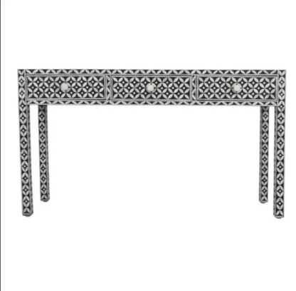 Three-drawer black and white bone inlay console table with a repeating geometric star pattern across the drawer fronts and matching bone inlay knobs — luxury Rajasthani craftsmanship.