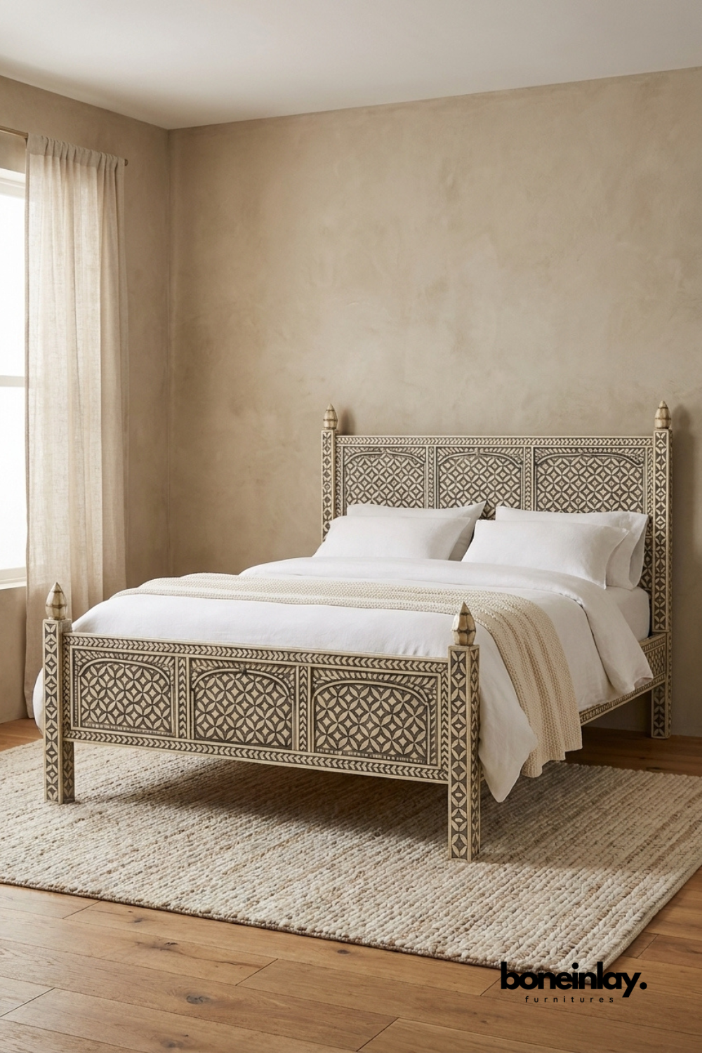Handcrafted Bone Inlay Four Poster Bed Frame in Neutral Geometric Pattern
