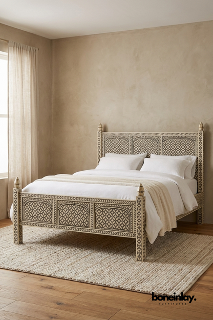 Handcrafted Bone Inlay Four Poster Bed Frame in Neutral Geometric Pattern