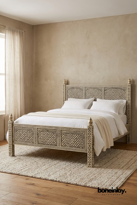 Handcrafted Bone Inlay Four Poster Bed Frame in Neutral Geometric Pattern