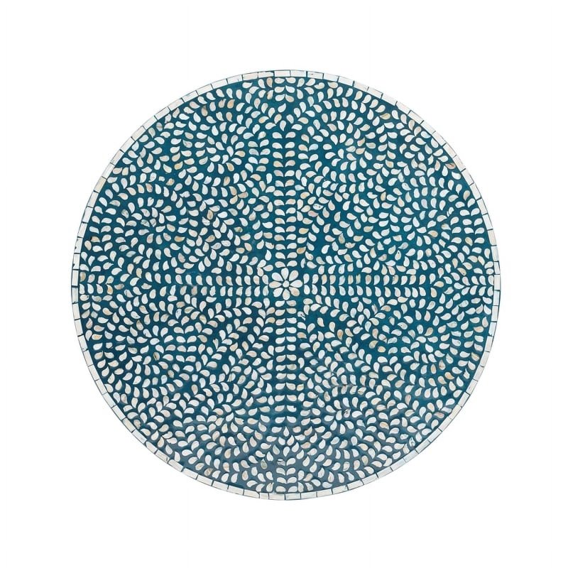 Handcrafted blue bone inlay round coffee table with brass plinth, elegant living room centerpiece furniture