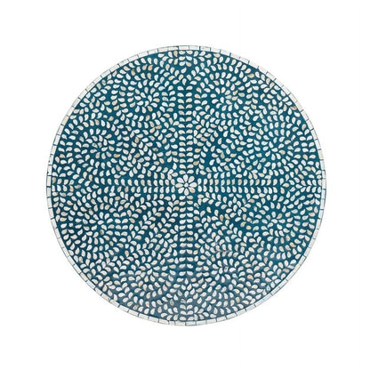 Handcrafted blue bone inlay round coffee table with brass plinth, elegant living room centerpiece furniture