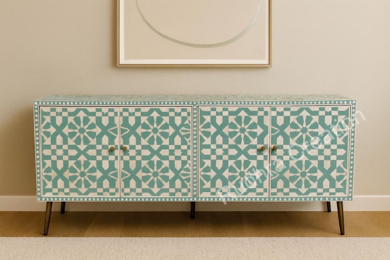 Handcrafted seafoam green and white geometric floral bone inlay sideboard with brass knobs and mid-century tapered legs