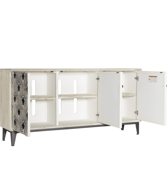 Handcrafted bone inlay storage media unit with doors open revealing spacious white interior shelves and adjustable compartments, with scalloped fan inlay pattern visible on the door facade and angled black metal legs