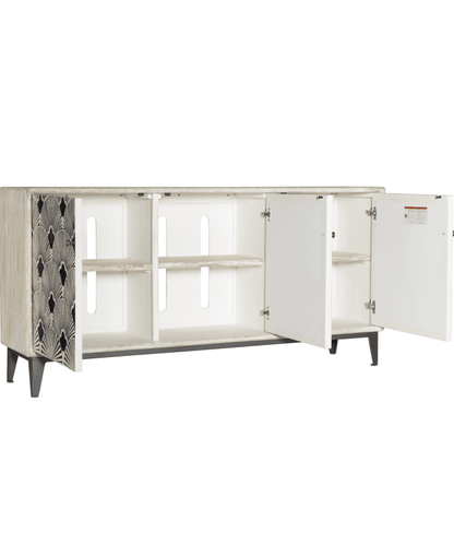 Handcrafted bone inlay storage media unit with doors open revealing spacious white interior shelves and adjustable compartments, with scalloped fan inlay pattern visible on the door facade and angled black metal legs