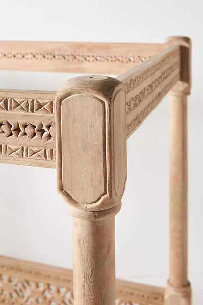 Handcrafted Ezana settee daybed with canopy posts, lattice woodwork, and spacious seating.