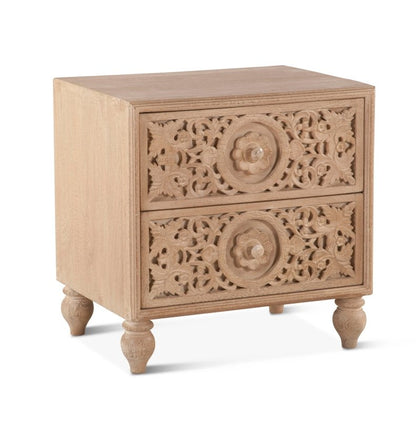 Handcrafted Floral End Table natural wood drawer-front view showing two carved drawers, floral scrollwork, and bun feet