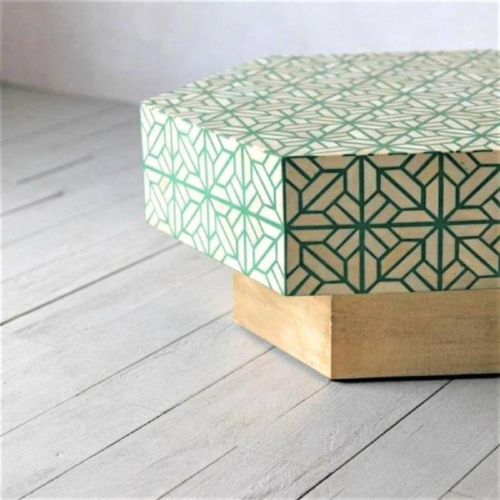 Handcrafted green and ivory bone inlay hexagon coffee table with solid mango wood base, geometric star pattern artisan furniture