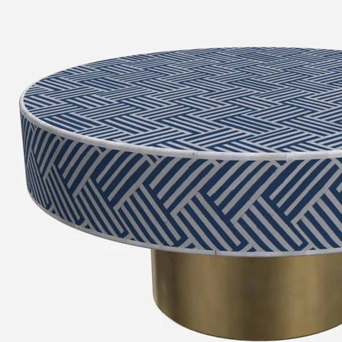 Close-up of navy blue herringbone bone inlay pattern on a round coffee table surface and rim – intricate hand-cut bone inlay craftsmanship detail