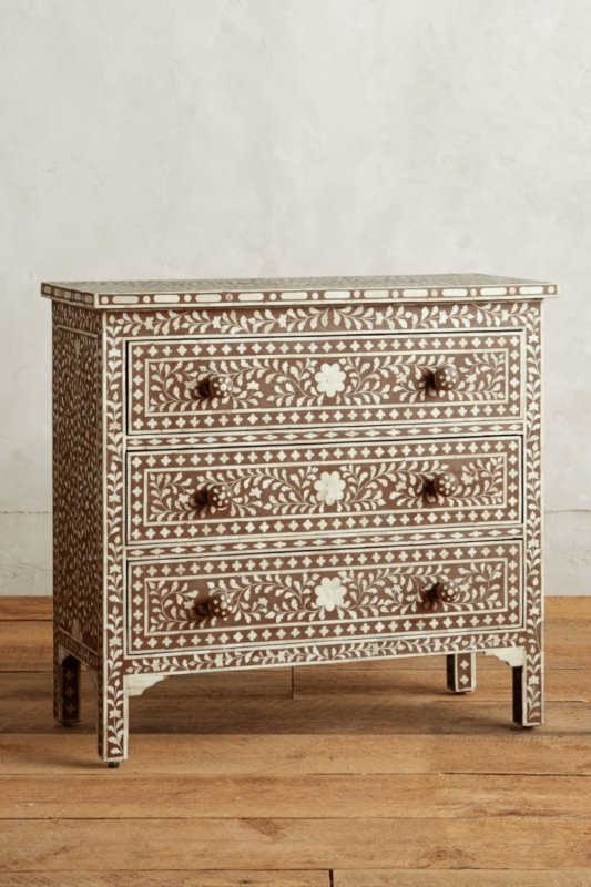 Handcrafted bone inlay three drawer spiral chest of drawers with floral vine inlay and carved knobs, walnut brown