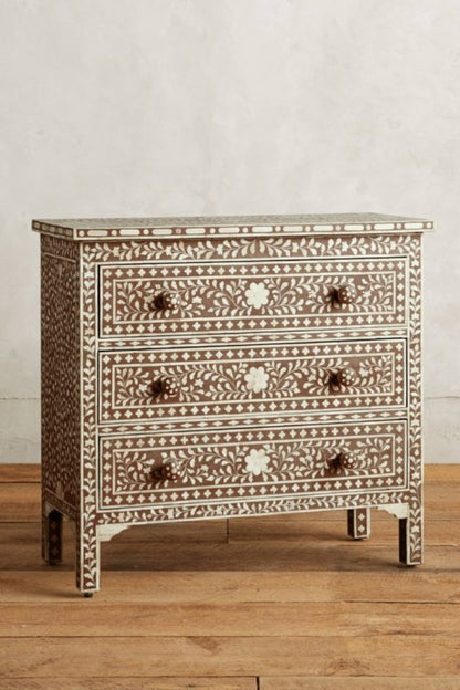 Handcrafted bone inlay three drawer spiral chest of drawers with floral vine inlay and carved knobs, walnut brown