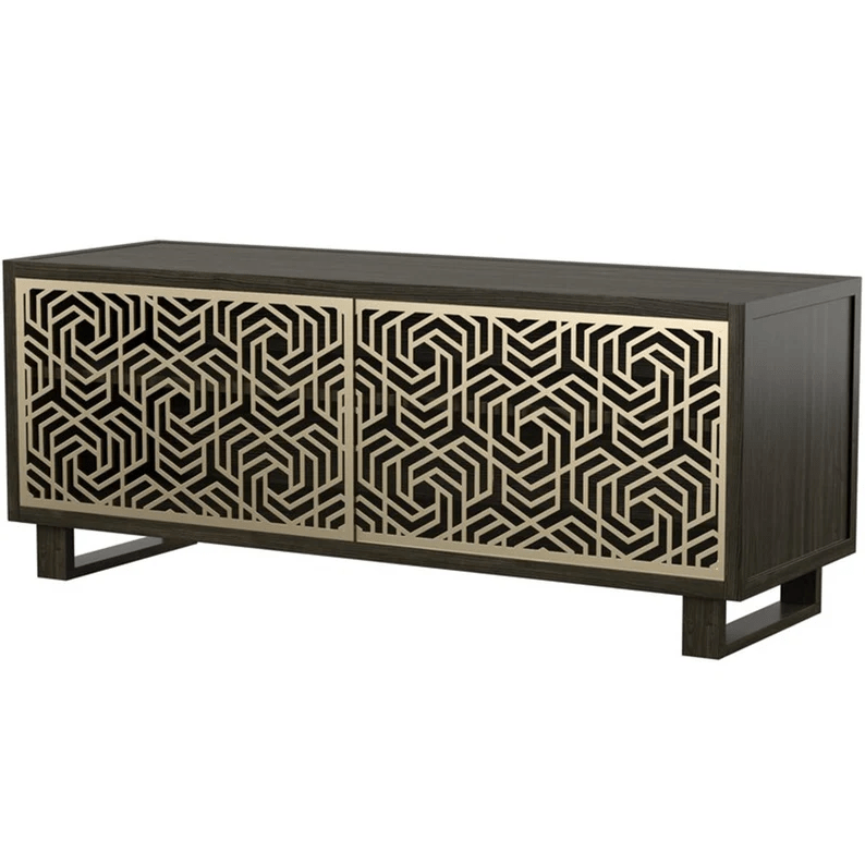 Handmade bone inlay media console in deep charcoal wood with intricate champagne gold geometric inlay on four cabinet doors, solid block feet, handcrafted luxury entertainment unit for modern interiors.