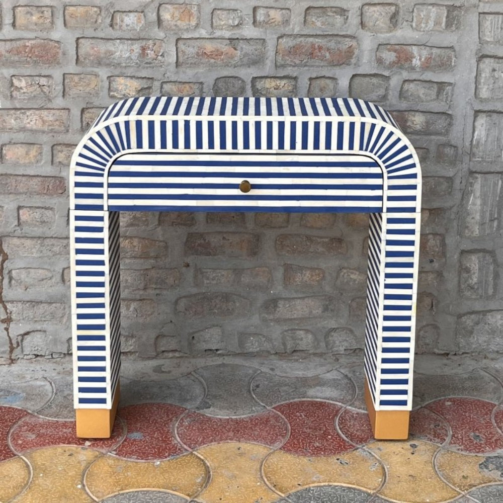 Handmade bone inlay striped console table with brass knob drawer and gold feet, blue white stripe design on hardwood frame