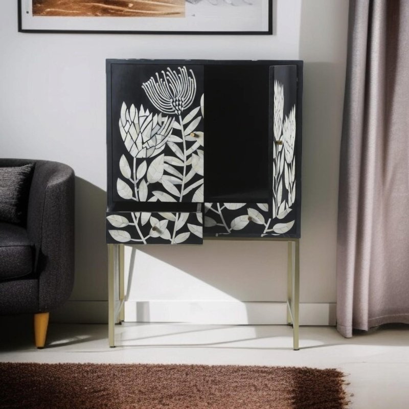 Handmade bone inlay tulip bar cabinet with open doors showing interior storage, luxury artisan furniture – Bone Inlay Furnitures