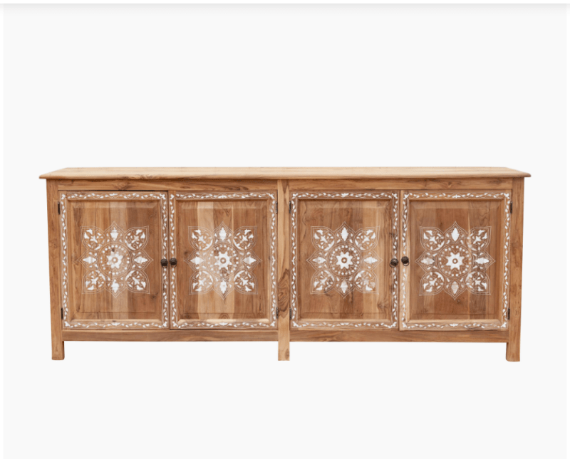 Handmade teak wood inlay four-door sideboard with bleached finish and white bone inlay floral geometric patterns on doors