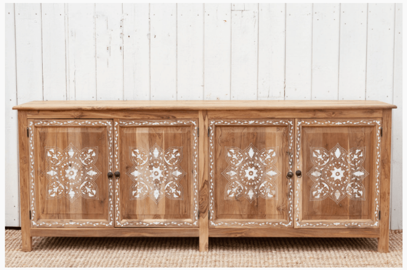 Handmade teak wood inlay sideboard – four-door storage cabinet with geometric white bone inlay patterns and natural wood grain