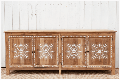 Handmade teak wood inlay sideboard – four-door storage cabinet with geometric white bone inlay patterns and natural wood grain