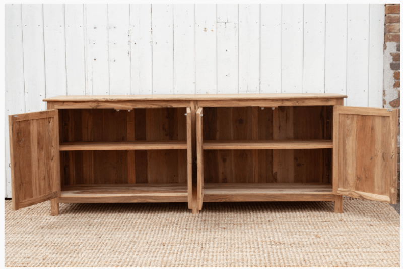 Handmade teak wood inlay sideboard showing all four doors with natural teak grain and intricate white bone inlay detailing