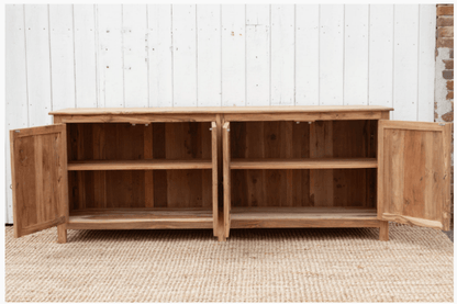 Handmade teak wood inlay sideboard showing all four doors with natural teak grain and intricate white bone inlay detailing