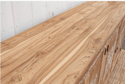 Close-up of natural teak wood grain surface on handmade teak wood inlay sideboard showing rich bleached wood texture