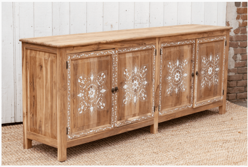 Handmade teak wood inlay sideboard with Rajasthani floral bone inlay on four doors – bleached teak finish, jute rug setting