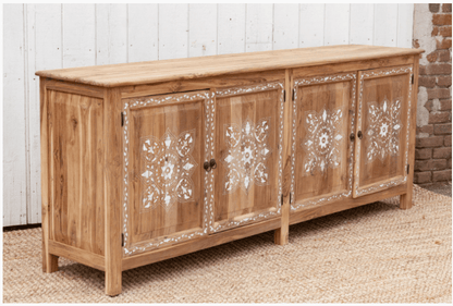 Handmade teak wood inlay sideboard with Rajasthani floral bone inlay on four doors – bleached teak finish, jute rug setting