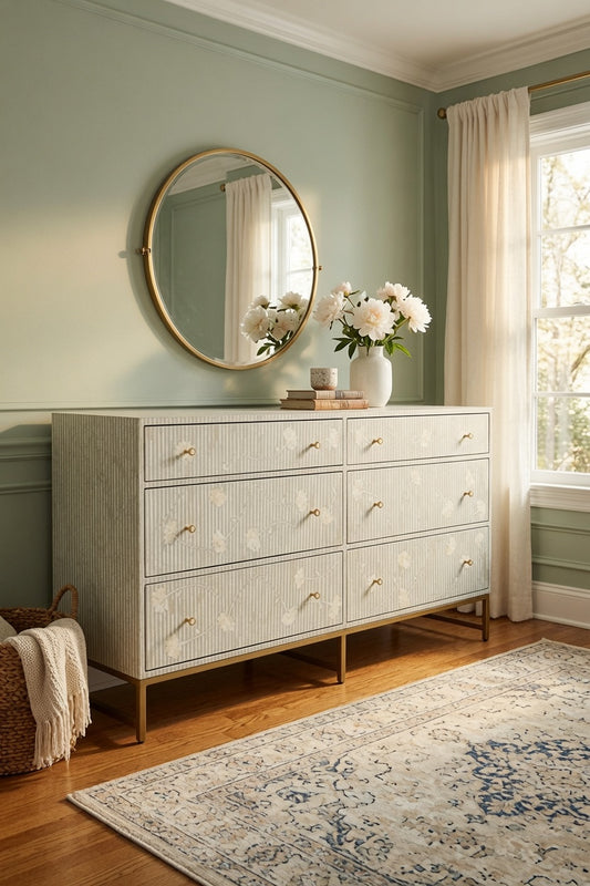 Ivory Floral Inlay Dresser with Brass Accents for Serene Bedroom Styling