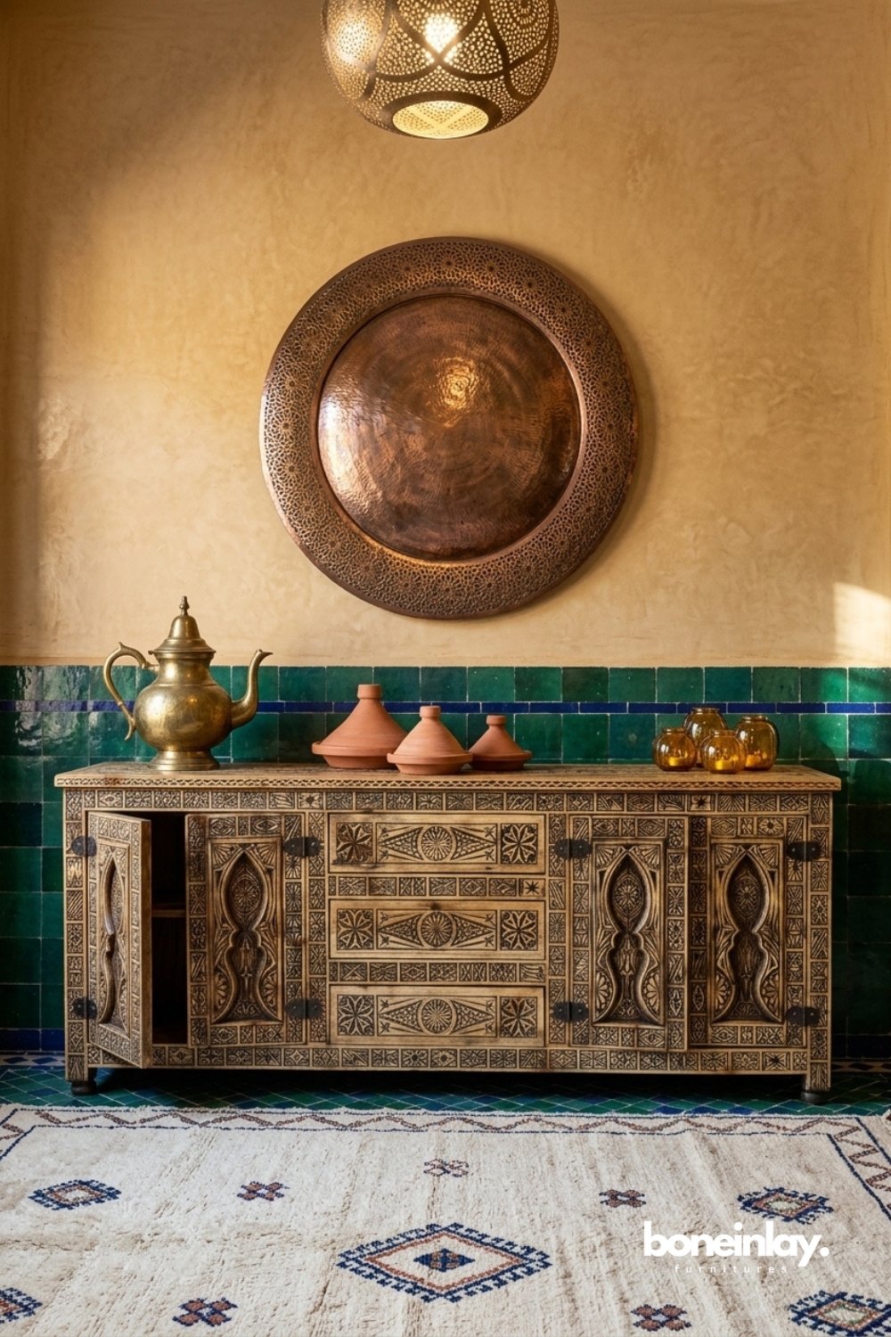 Moroccan Hand Carved Wooden Sideboard Cabinet with Intricate Geometric and Floral Motifs