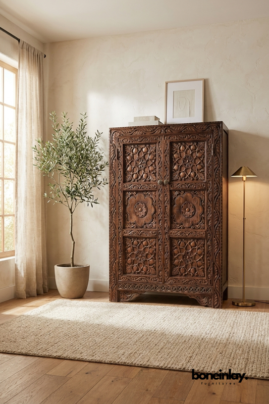Hand-carved brown wood armoire cabinet with a rich walnut tone.
Floral medallion carvings cover both cabinet door fronts.
Ornate vine and border detailing frames the entire piece.
Styled beside an olive tree and brass floor lamp.