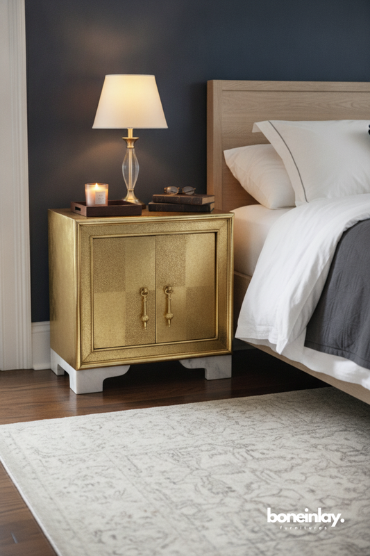 Luxury Gold Leaf Bedside Cabinet with Double Door Storage