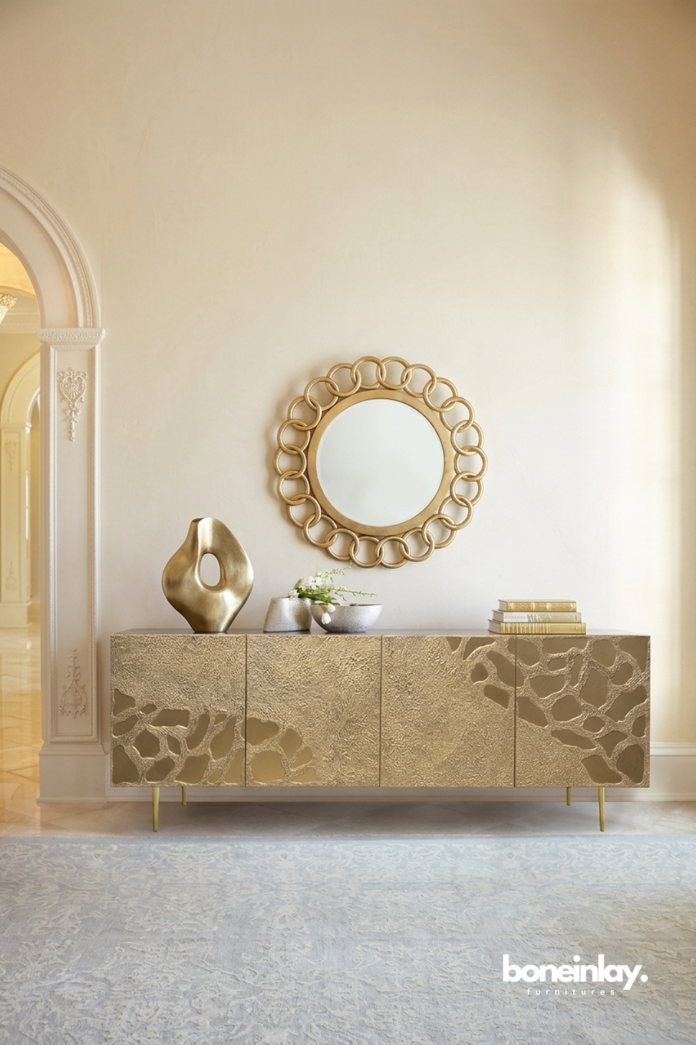 Contemporary Gold Textured Sideboard Cabinet with Organic Abstract Pattern and Metallic Finish
