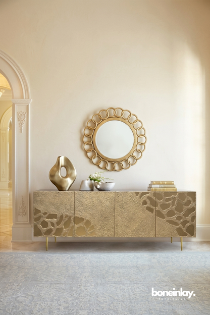 Contemporary Gold Textured Sideboard Cabinet with Organic Abstract Pattern and Metallic Finish