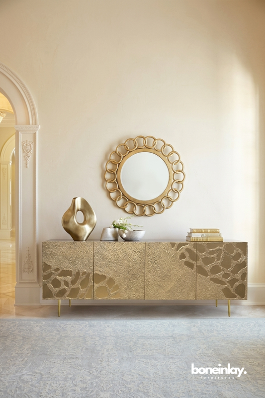 Contemporary Gold Textured Sideboard Cabinet with Organic Abstract Pattern and Metallic Finish