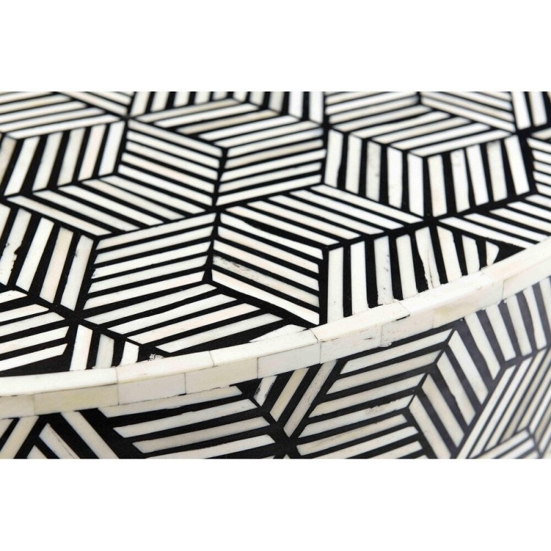Close detail of black and white geometric cube bone inlay pattern on a handcrafted round coffee table showing intricate artisan inlay work