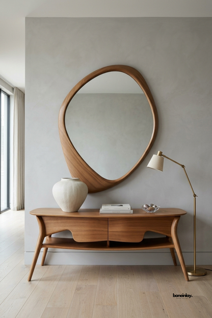 Sculptural asymmetrical wooden wall mirror mounted above a matching mid-century style console table with wave-cut apron detailing and a lower display shelf. Styled in an airy neutral hallway with ceramic pottery, this handcrafted solid wood mirror set creates a harmonious organic focal point for contemporary entryways.