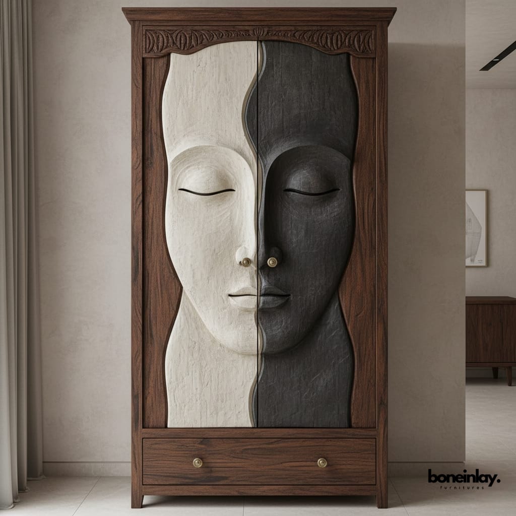 Handmade Black And White Dream Face Two-Door Armoire