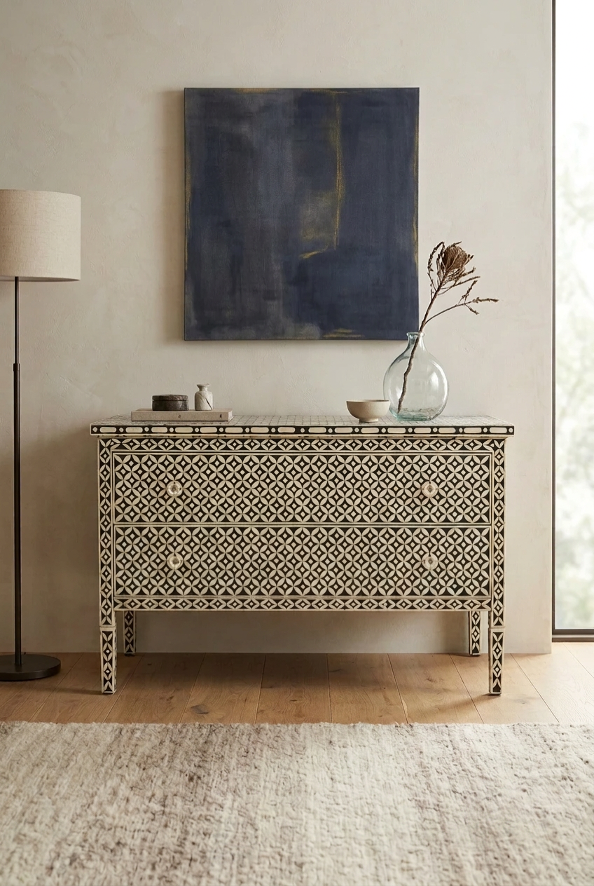 Black Bone Inlay Dresser, black and white geometric front with two closed drawers in a styled room, straight-on view