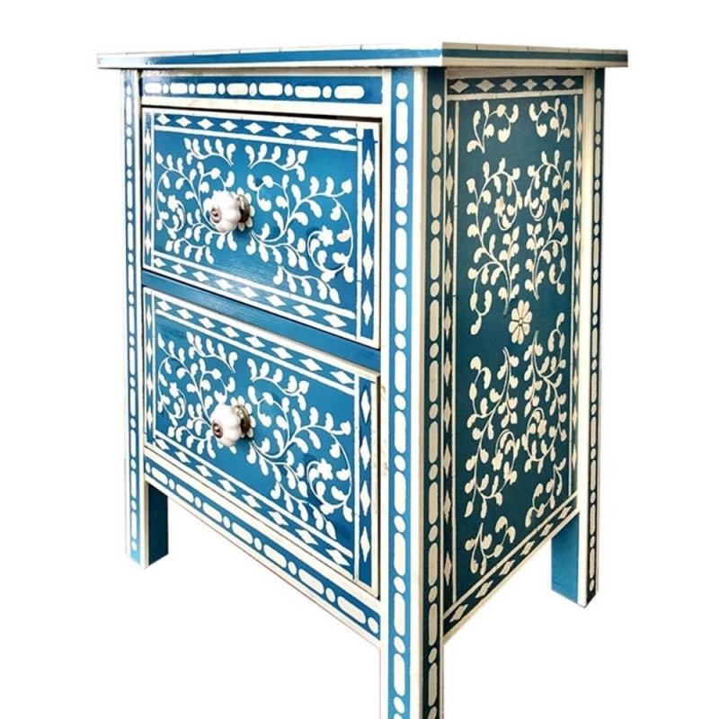 Handmade deep teal blue floral bone inlay bedside nightstand with two drawers, full white floral vine pattern on drawer fronts and body, white ceramic flower knobs, mango wood frame.