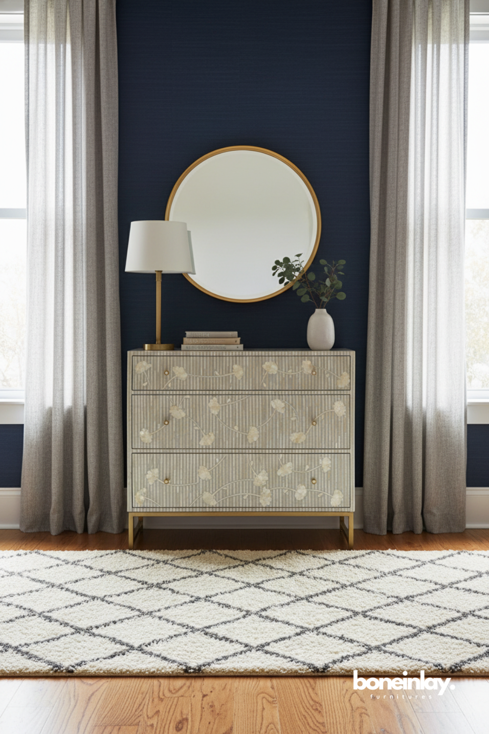 Ivory Floral Bone Inlay Chest of Drawers with Brass Legs
