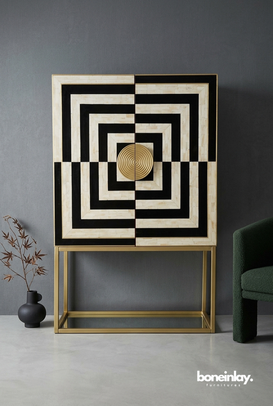 Handmade bone inlay Art Deco bar cabinet in black and white concentric square optical illusion pattern with brass circular knob and gold metal base, styled interior setting