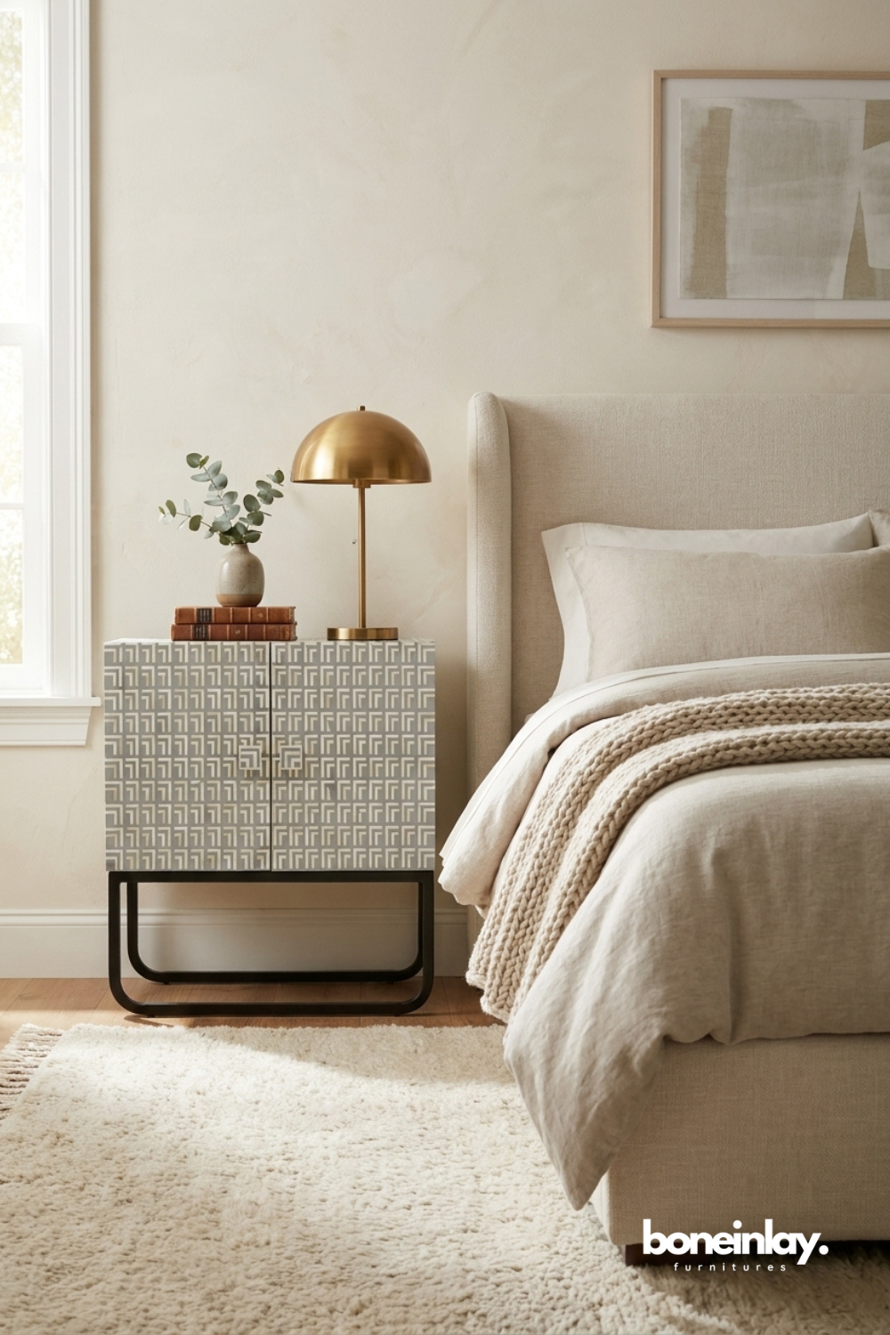 Grey Bone Inlay Geometric Pattern Bedside Cabinet with Metal Base