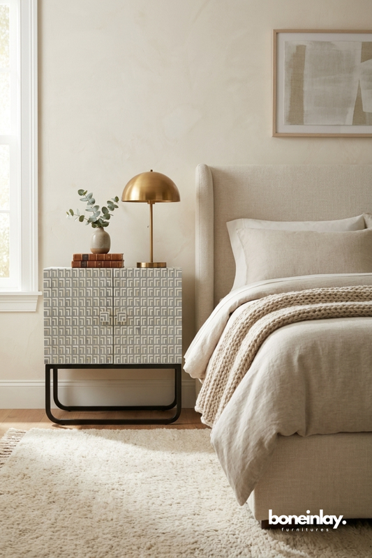 Grey Bone Inlay Geometric Pattern Bedside Cabinet with Metal Base